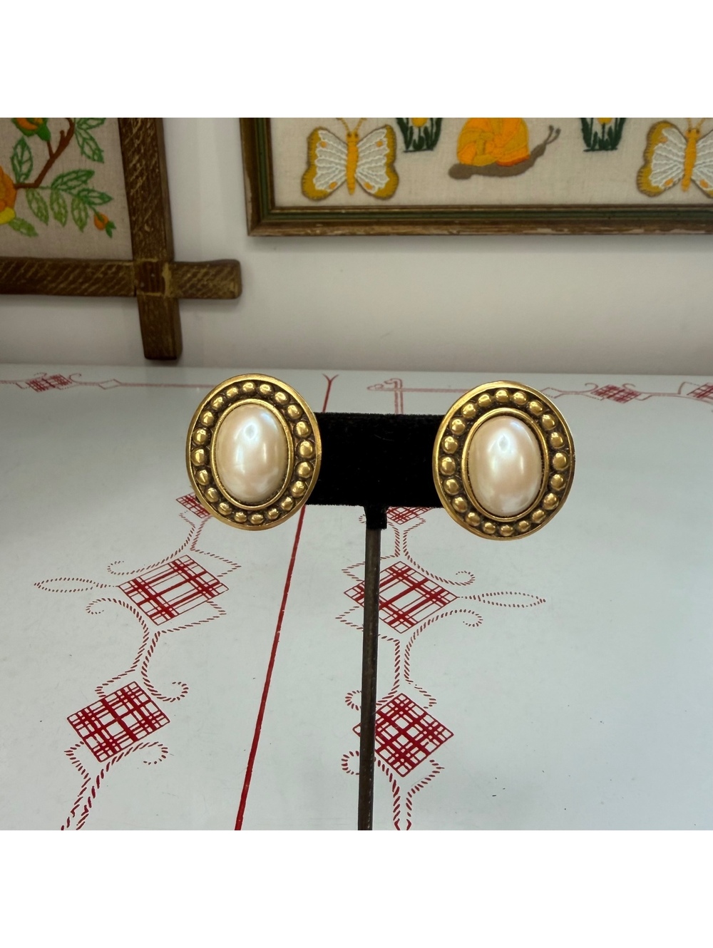 Yves Saint Laurent gold tone & faux pearl clip earrings vintage 80s